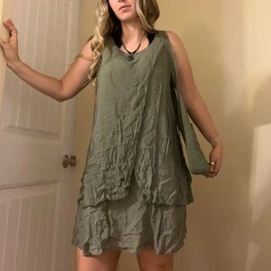 Olive Green Sleeveless Layered MIDI Dress